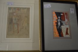 End of term, an amusing watercolour and pencil sketch together with another picture.