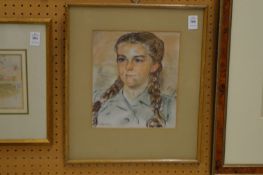 Bust length study of a girl with pigtails, colour chalks.