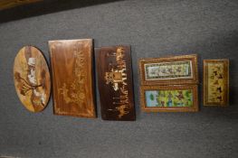 A group of Indian inlaid wooden pictures and similar items.