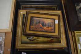 In the manner of Edgar Hunt, farmyard scene with animals and birds together with two other