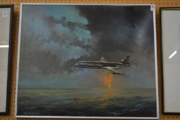 Peter Champion, Hawker Siddeley Nimrod, flying over the sea at sunset, oil on board.
