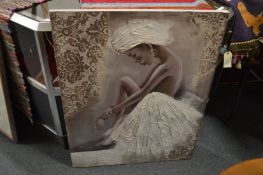 Four decorative paintings and prints.