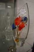 Decorative glass vase, signed together with a decanter.