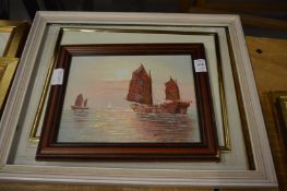Two watercolours depicting rural scenes together with oil painting of a junk.