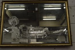 A rectangular wall mirror etched with a coach and horses.