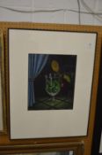 Azza, green cherries in a glass, colour mezzotint.