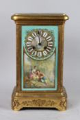 A VERY GOOD FRENCH PORCELAIN PANEL MANTLE CLOCK striking on a single bell, the ornate case with