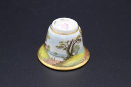A SMALL RARE DERBY LANDSCAPE CUP, Circa 1800. 1.5ins high. Provenance:MERCURY ANTIQUES.