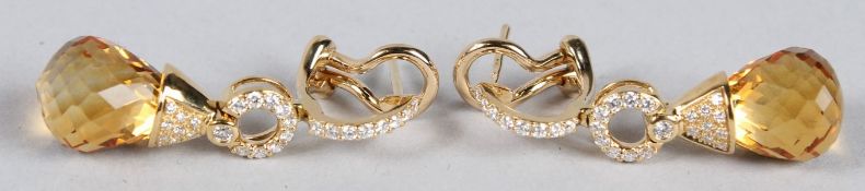 A PAIR OF 18CT YELLOW GOLD, CITRINE AND DIAMOND EARRINGS.