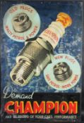 A VINTAGE CHAMPION SPARK PLUGS ENAMEL SIGN with a large spark plug. 92cms x 60cms.