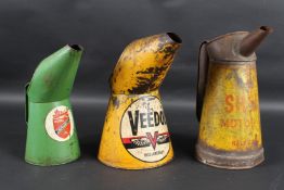 THREE VINTAGE TIN OIL CANS. ROYAL OIL, VEEDOL & SHELL. 25cms x 26cms.