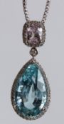 AN 18CT WHITE GOLD, AQUAMARINE, MORGANITE AND DIAMOND PEAR SHAPE PENDANT AND CHAIN.