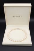 AUTORE. A SUPERB PEARL NECKLACE. THIRTY ONE PEARLS. 1.5cms, with gold and diamond clasp, in original
