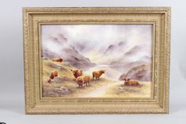 MILWYN HOLLOWAY (b. 1940-2019). A GOOD PORCELAIN PLAQUE. Highland cattle in a mountainous landscape.