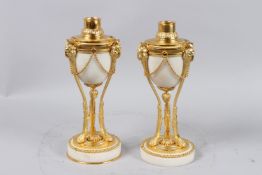 A VERY GOOD PAIR OF LOUIS XVTH CASSOLETTES, gilt bronze and white marble with reversible pineapple