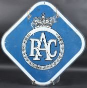 A VINTAGE RAC (ROYAL AUTOMOBILE CLUB) ENAMEL DOUBLE-SIDED SIGN, in blue and white. 46cms x 46cms.
