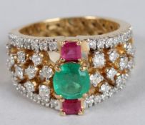 A GOOD 18CT YELLOW GOLD DIAMOND, RUBY AND EMERALD RING. Ring size P/Q.