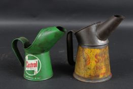 TWO SMALL VINTAGE OIL CANS. CASTROL & SHELL. 18cms x 16cms.