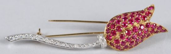AN 18CT YELLOW GOLD, RUBY AND DIAMOND TULIP SHAPE BROOCH.
