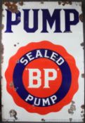A LARGE VINTAGE BP SEALED PUMP RED, WHITE AND BLUE ENAMEL SIGN. 137cms x 92cms.