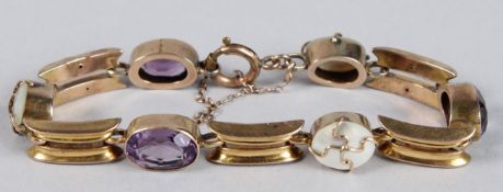 A 9CT GOLD, AMETHYST AND PEARL BANGLE. 11.4grams.