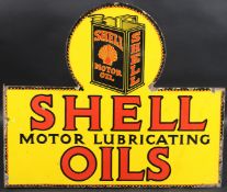 A VINTAGE DOUBLE-SIDED ENAMEL SIGN FOR SHELL MOTOR LUBRICATING OIL in yellow. 52cms x 61cms.