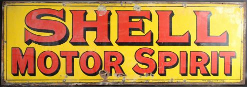 A LONG VINTAGE SHELL MOTOR SPIRIT RED AND YELLOW TIN PLATE SIGN. 48cms x 140cms.
