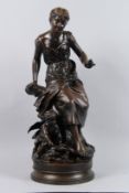 SYLVAIN KINSBURGER 1855 - 1935. A BRONZE OF A SEATED YOUNG LADY, a young boy playing with a toy