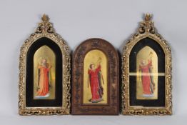 A PAIR OF 18TH CENTURY FLORENTINE RELIGIOUS PICTURES in ornate gilt frames. Frames 20ins x 10ins and