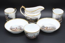 SIX PIECES OF LANDSCAPE PORCELAIN, three cups, two saucers and a jug.