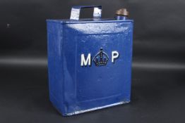A VINTAGE MP BLUE PETROL CAN. 33cms high x 23cms wide.