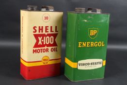 TWO OLD OIL CANS. BP & SHELL. 30cms high x 16cms wide.