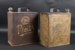 TWO VINTAGE PETROL CANS. SHELL & PRATTS. 33cms high x 23cms wide.