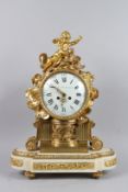A SUPERB LOUIS XVTH GILT BRONZE AND WHITE MARBLE CLOCK by FERDINAND BERTHOUD. The case with a