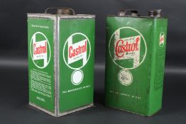 TWO OLD CASTROL MOTOR OIL CANS. 30cms high x 16cms wide.