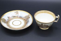 A DERBY LANDSCAPE CUP AND SAUCERS, red mark.