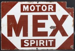 A VINTAGE MEX MOTOR SPIRIT DOUBLE-SIDED ENAMEL SIGN. 30cms x 46cms.