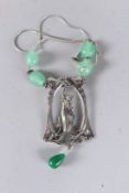 AN ART NOUVEAU SILVER AND JADE NECKLACE.