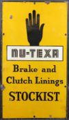 A VINTAGE NU-TEXA ENAMEL SIGN with a black hand and brake and clutch linings 