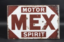 A VINTAGE DOUBLE-SIDED MOTOR DOUBLE-SIDED MEX-SPIRIT ENAMEL ADVERTISING SIGN. Circa 1920, heavy