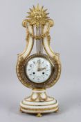 A SUPERB LOUIS XVITH ORMOLU AND WHITE MARBLE LYRE CLOCK with sun burst top, garlands and swinging