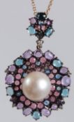 AN 18CT YELLOW GOLD, TOURMALINE, AMETHYST, BLUE TOPAZ, PEARL AND DIAMOND PENDANT AND CHAIN.