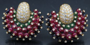 A SUPERB PAIR OF YELLOW GOLD, RUBY AND DIAMOND PAVE SET EAR CLIPS.