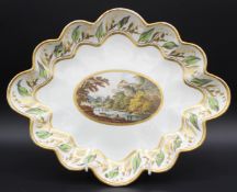 A PUCE MARK DERBY SQUARE DISH, the border with gilt harebells and flowers, the centre painted with