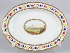 A PUCE MARK DERBY OVAL DISH with a gilt and floral border, the centre panel with an oval distant