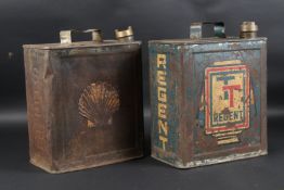 TWO VINTAGE PETROL CANS. SHELL & TT REGENT (2). 33cms high x 23cms wide.
