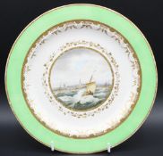 A PUCE MARK DERBY PLATE, Pattern No. 343, with yellow and gilt border, the centre painted with a
