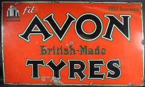 A VERY LARGE VINTAGE AVON BRITISH MADE TYRES ENAMEL SIGN, fit and free insurance. 90cms x 153cms.