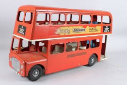 A LARGE TRI-ANG RED DOUBLE DECKER BUS - 93 WIMBLEDON, MORDEN AND EPSOM STN. 60cms long.