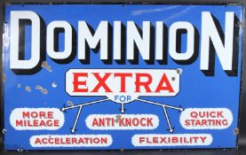 A LARGE VINTAGE DOMINION EXTRA RED, WHITE AND BLUE ENAMEL SIGN. EXTRA FOR MORE MILEAGE, ANTI-